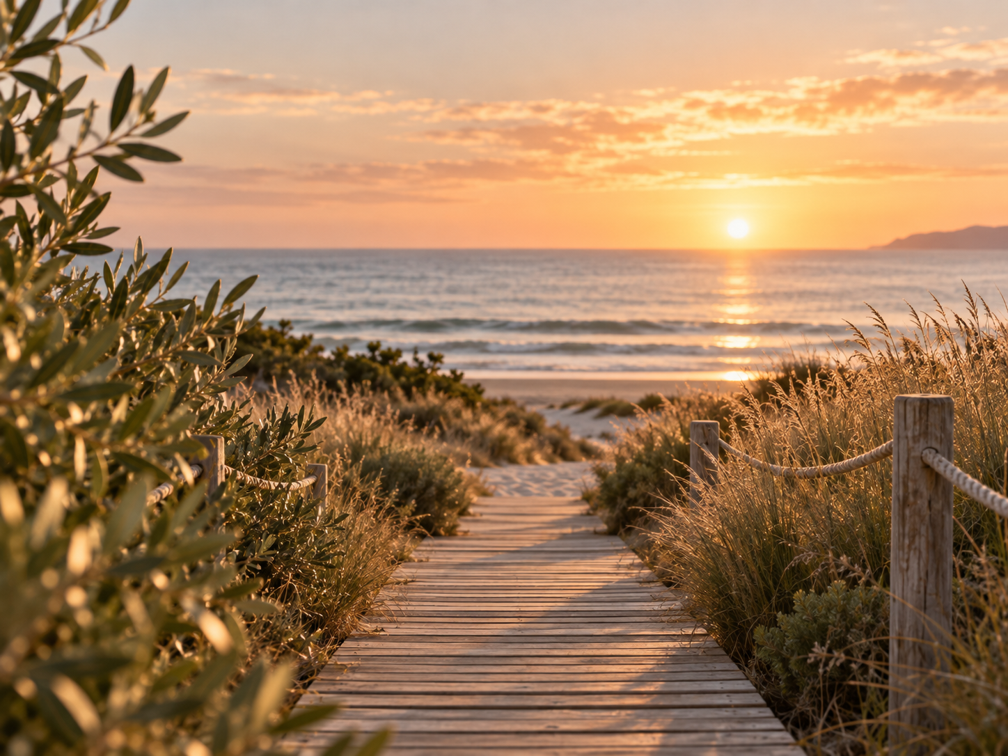 Path leading toward the ocean at sunset