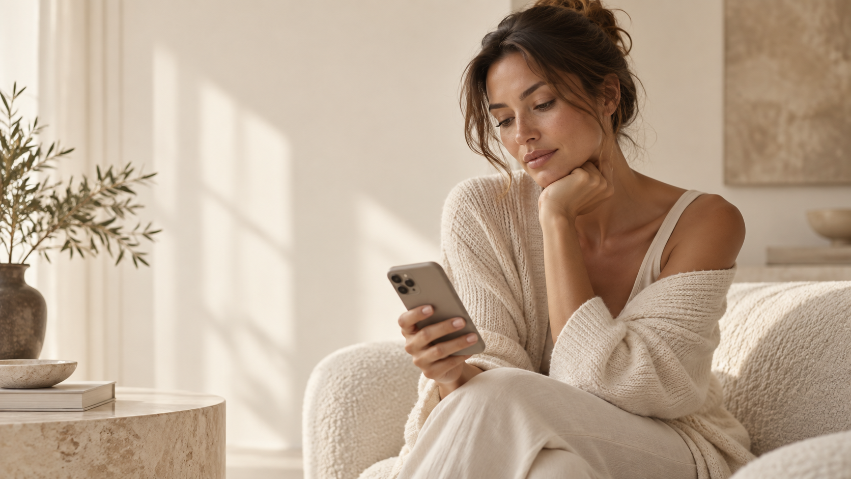 Woman checking her phone in a warm living room